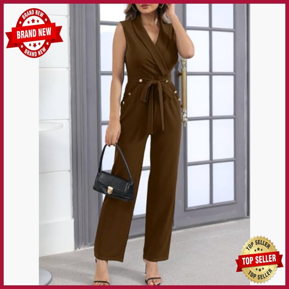Slim Fit Jumpsuit with Belt, V-Neck Sleeveless, Pockets, Polyester Spandex - Picture 3 of 7